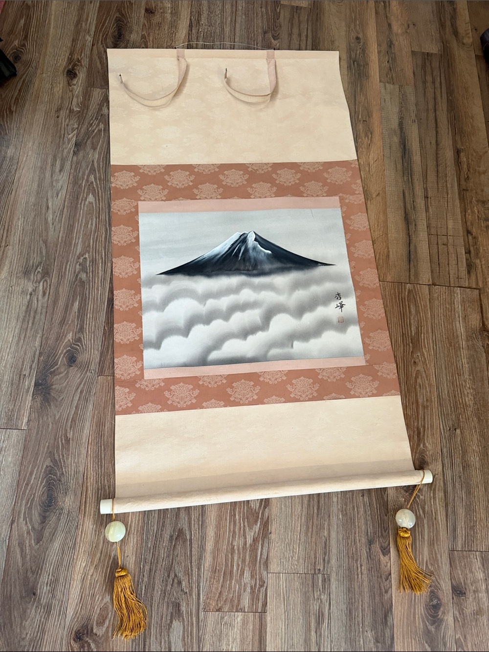 Japanese Mount Fuji Scroll Painting in Soft Neutrals